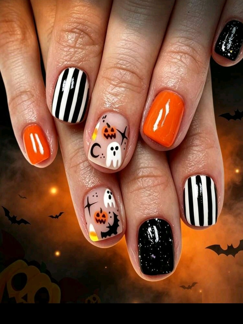 Halloween Pumpkin Ghost Bat Striped Press-On Nails Short Square 24pcs
